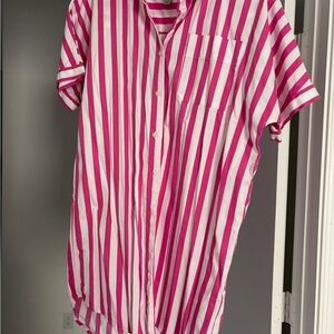 a new day Pink and White Striped Short-Sleeve Button Down Shirt Dress